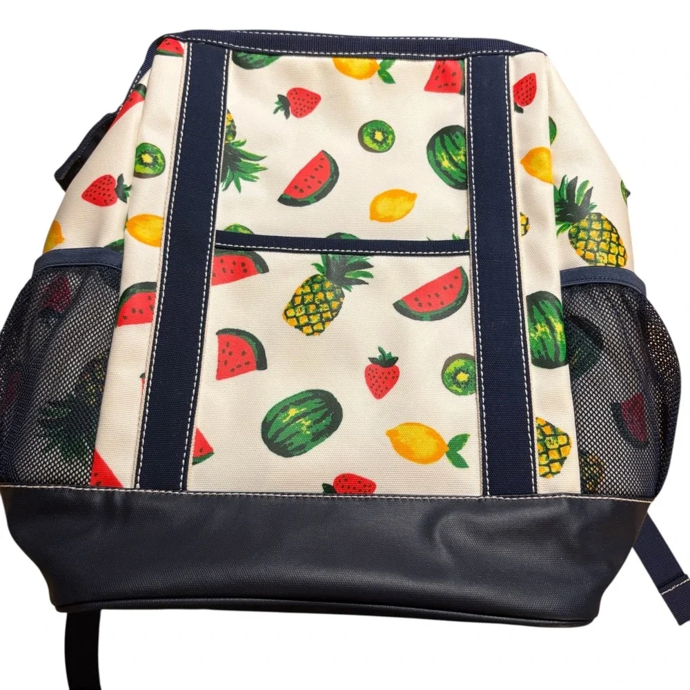 Lands End Large Canvas Coated Fruit Print Backpack Navy Trim Insulated CoolerBag